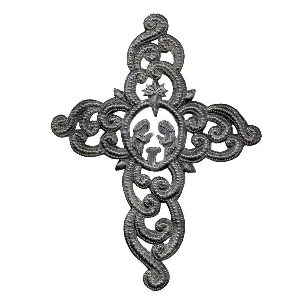 Metal Cross Wall Art- Ornate with Nativity Scene (9.5" x 12") - Croix des Bouquets