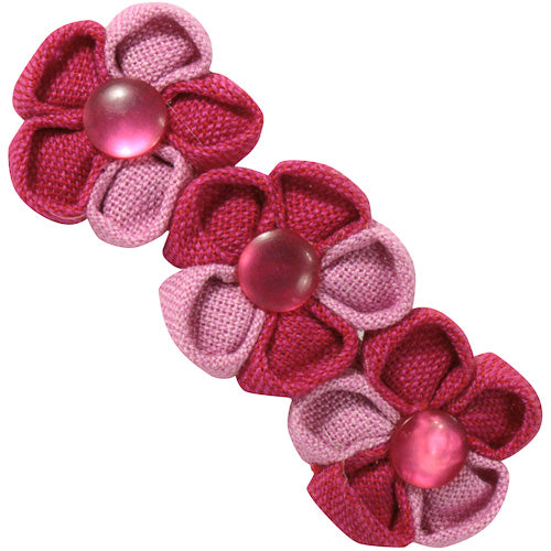 <center>Pink Cotton Beret with Three Flowers </br>Crafted by Artisans in Guatemala </br>Measures 3-3/4” high x 1-1/4” wide, with 2-1/4” clip</center>