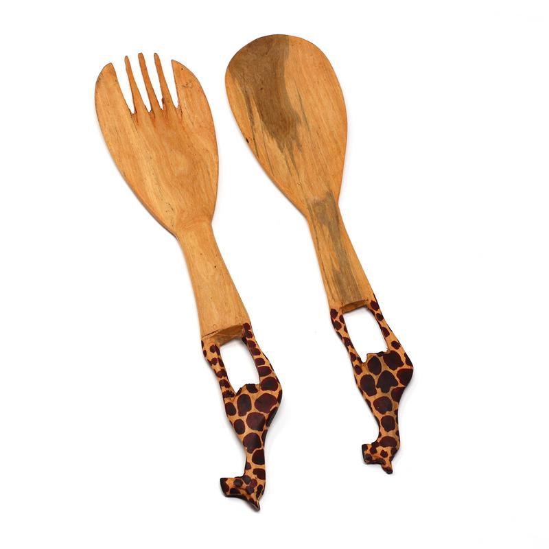 Giraffe Salad Serving Set made from Renewable Mhugu Wood-Kenya