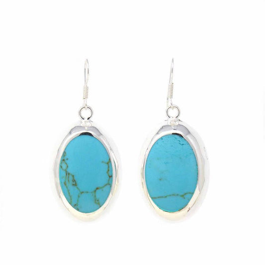 Alpaca Silver and Turquoise Earrings-Oval Drop Earrings