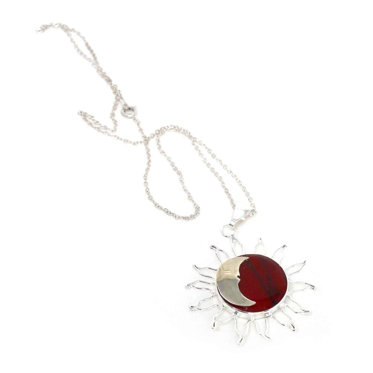 Red Jasper Moon and Silver Sun Pendant with Silver Chain- Fair Trade-Mexico