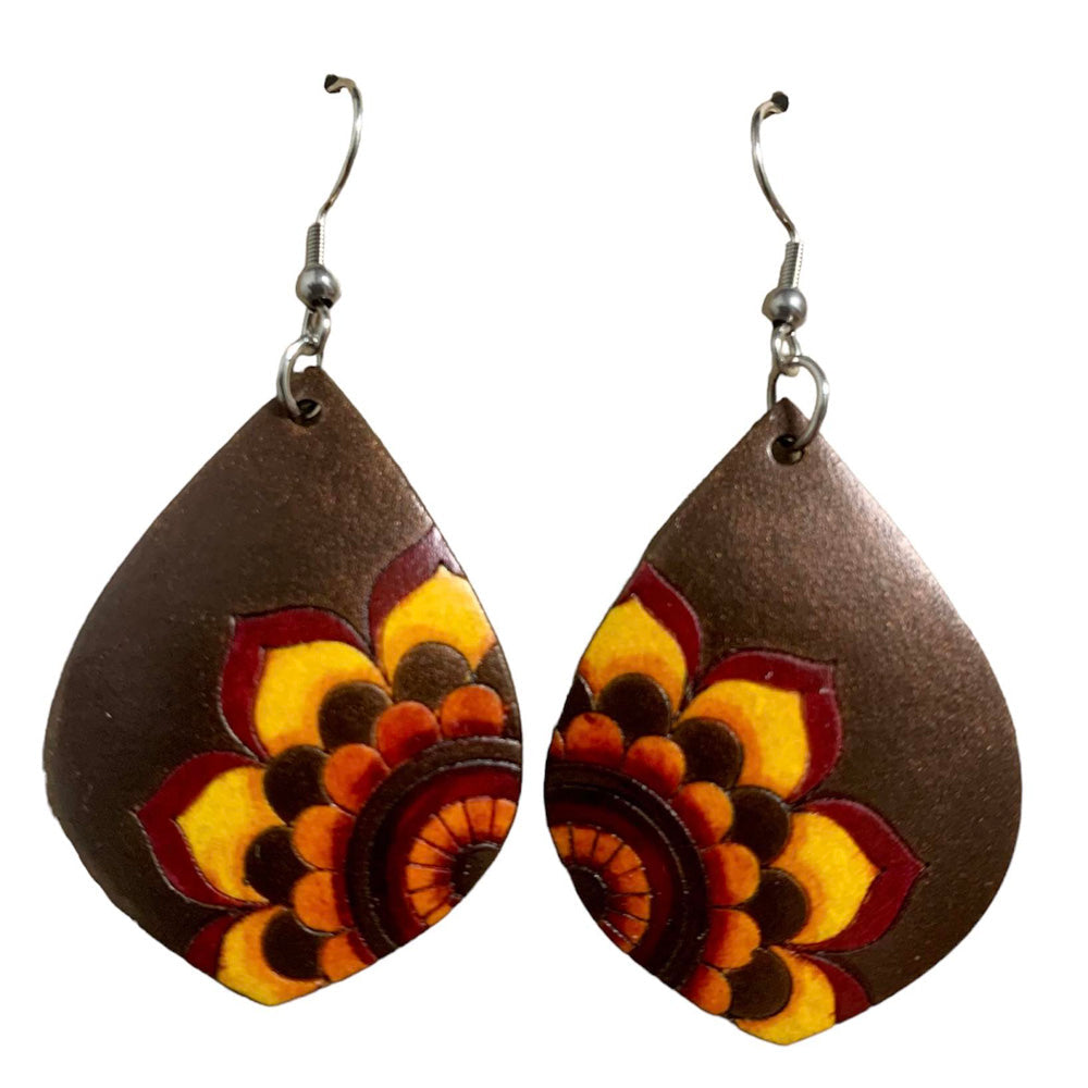 Hand-Painted Gourd Flower Drop Earrings-Hand-Carved Gourd-Colombia