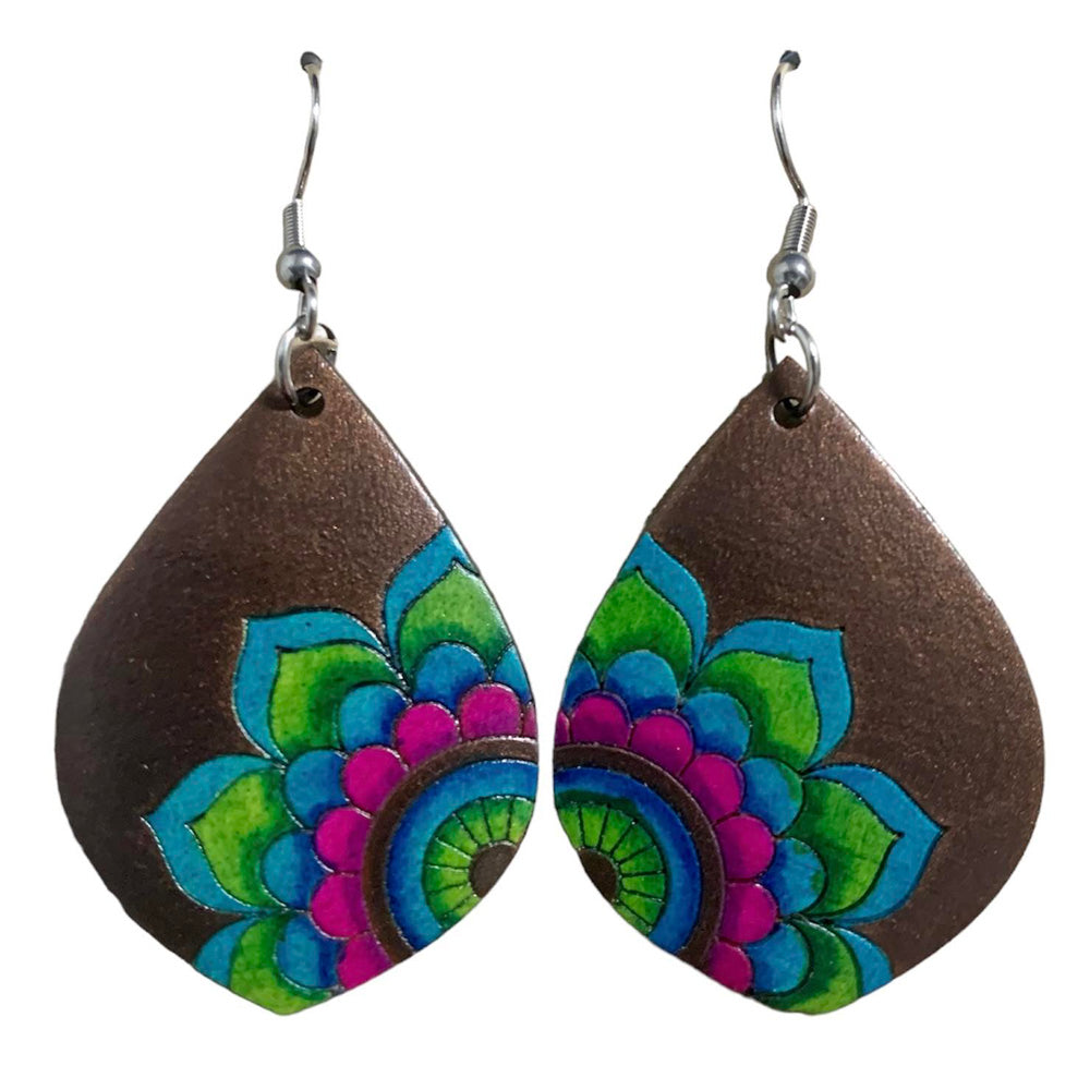 Hand-Painted Gourd Flower Drop Earrings-Hand-Carved Gourd-Colombia