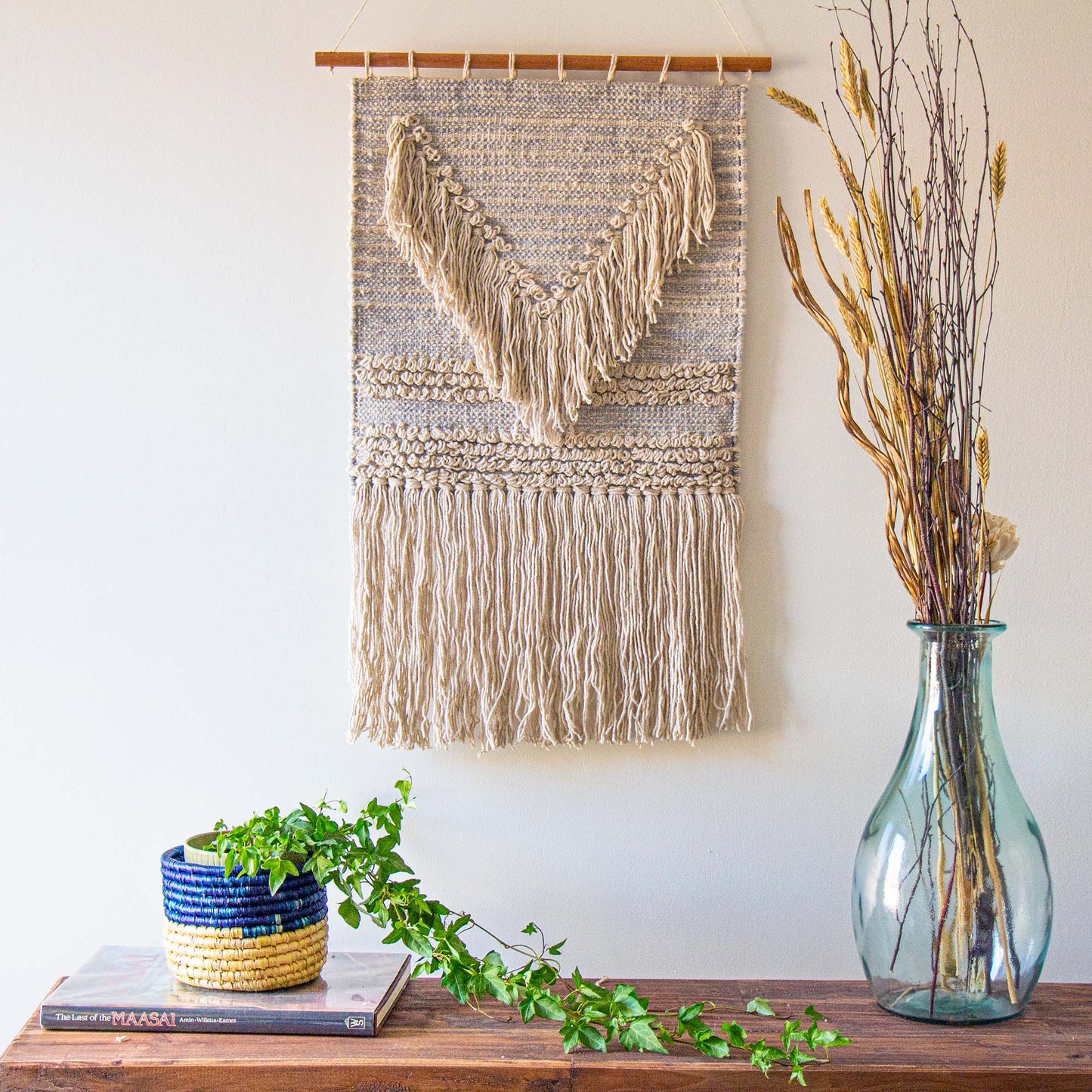 Handwoven Boho Wall Hanging - Blue Grey with Cream Fringe-Fair Trade-Panipat