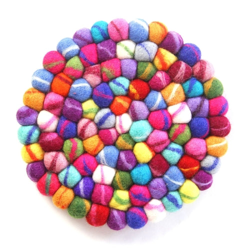 Hand Crafted Felt Ball Trivets from Nepal: Round, Rainbow