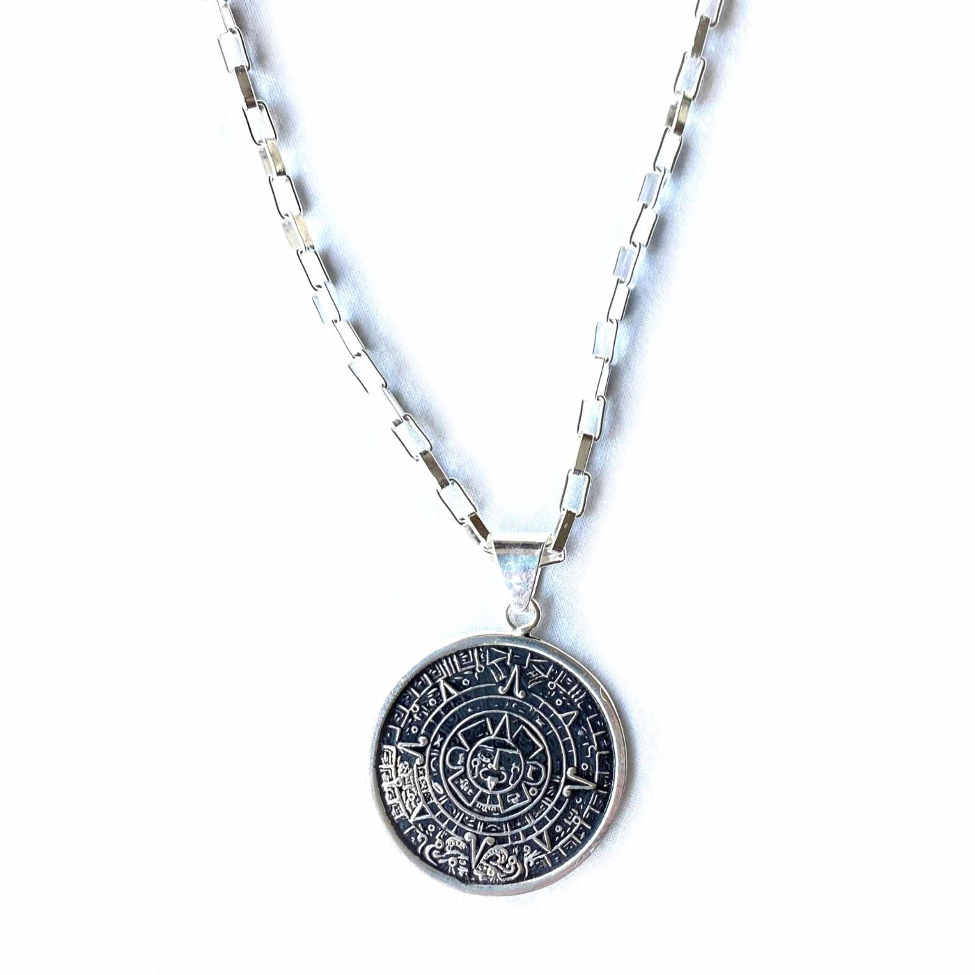 Alpaca Silver Aztec Calendar Pendant with 16" Chain