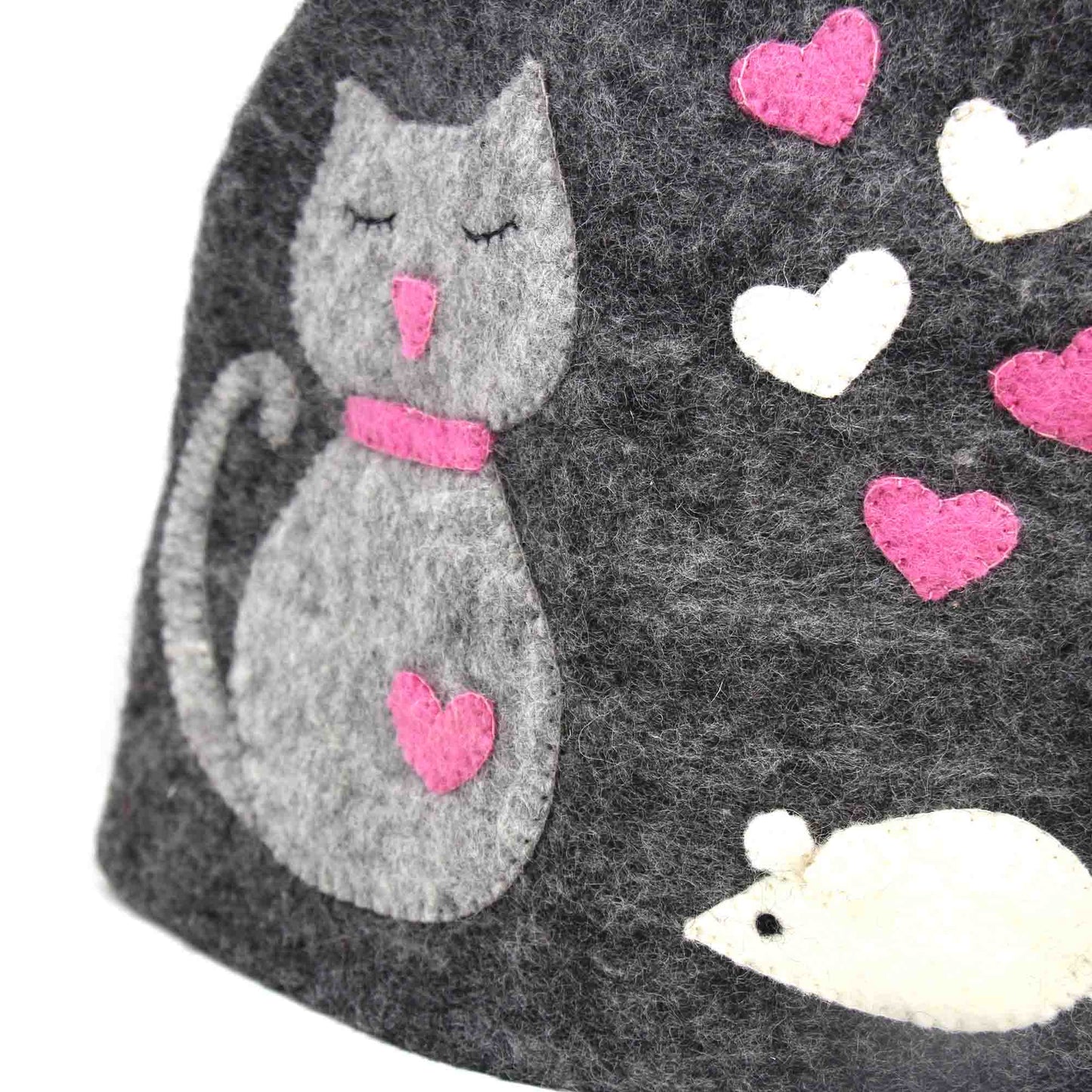 Hand Crafted Felt Tea Cozy - Cat and Mouse -100% New Zealand Wool-Sustainably Sourced