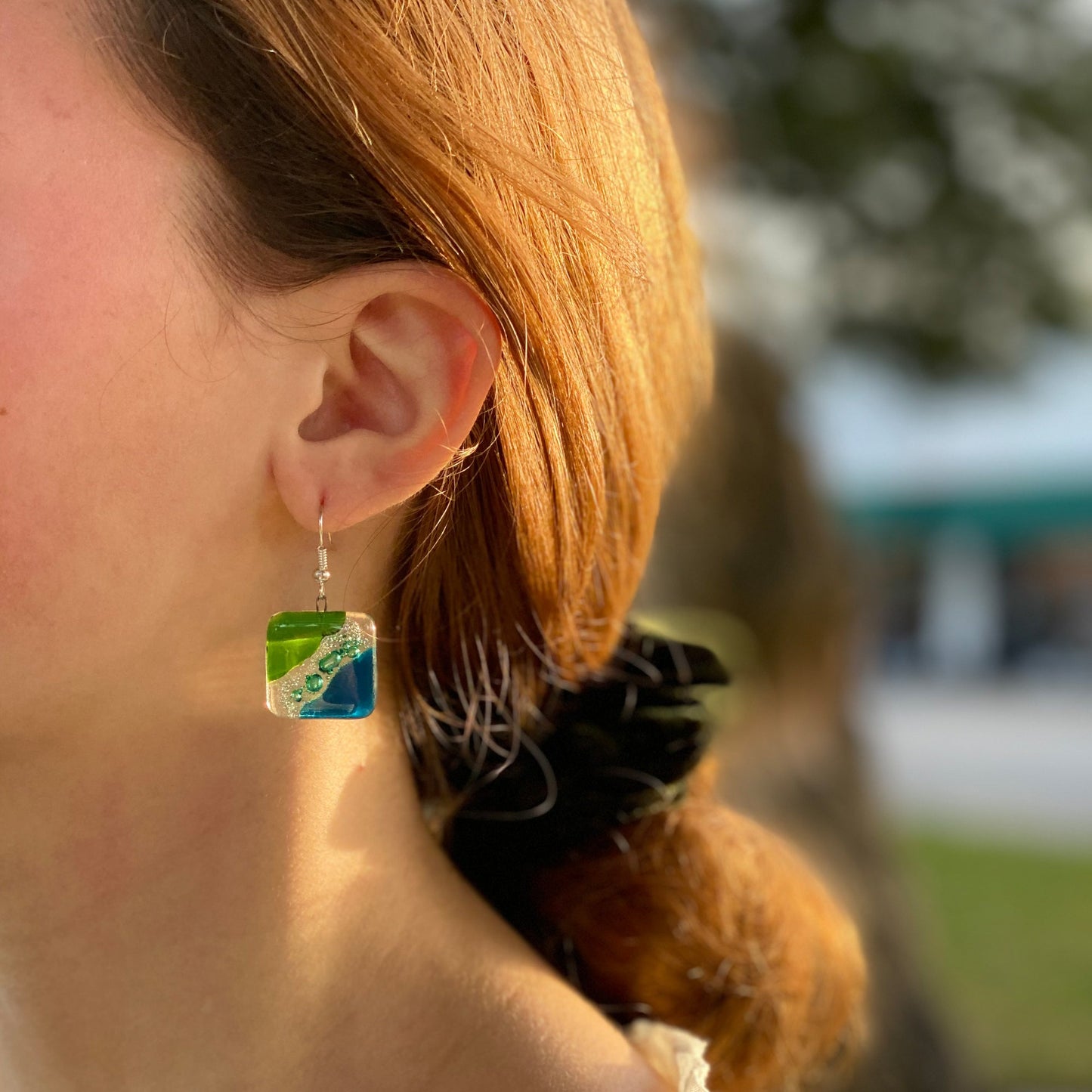 Blue Green Waves -Square Glass Dangle Earrings- Tili Glass-Chile