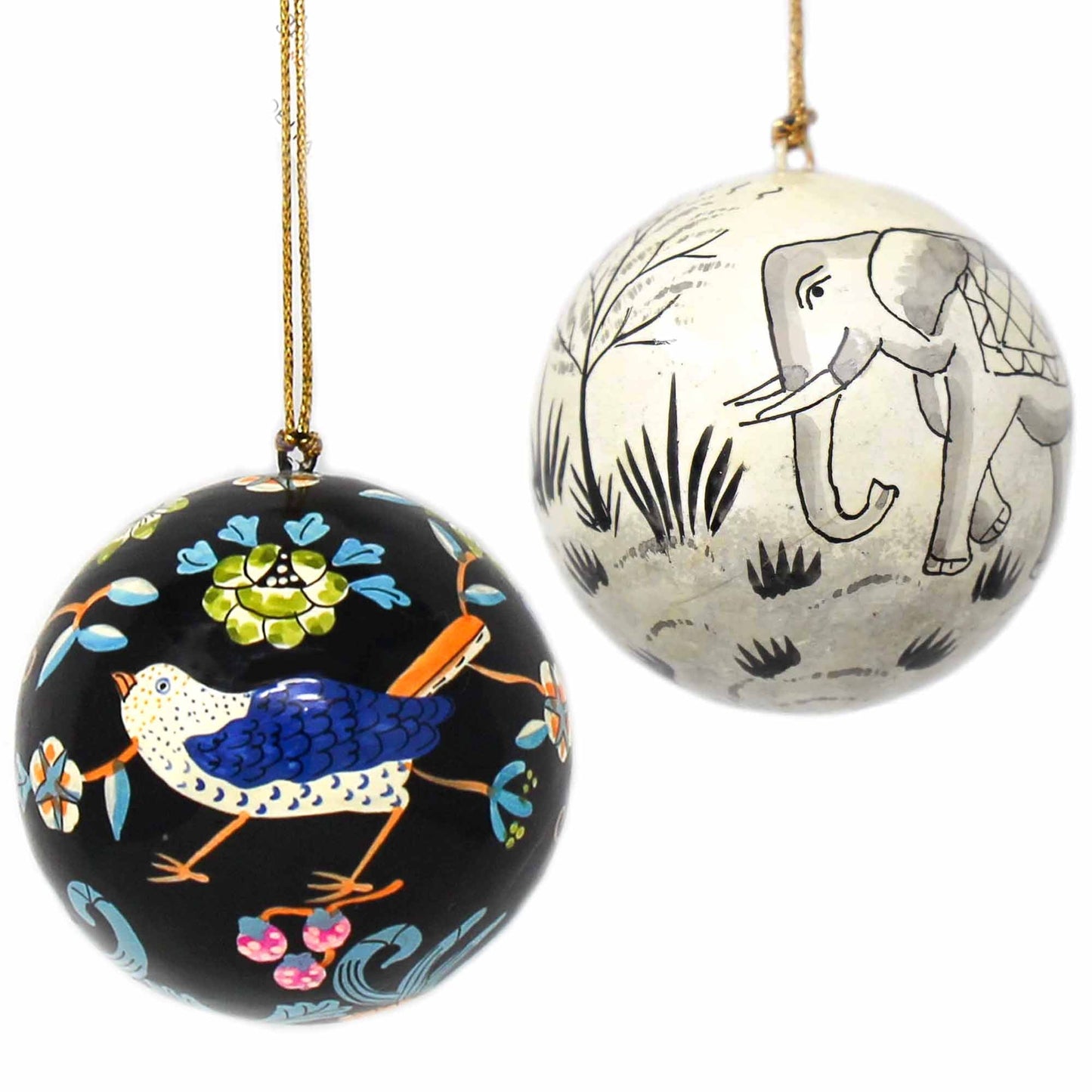 Hand-painted Elephant & Bird Ornaments- Set of 2