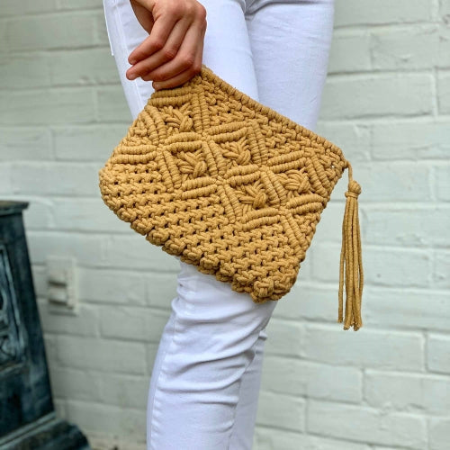 Macrame Clutch with Tassel- Tan