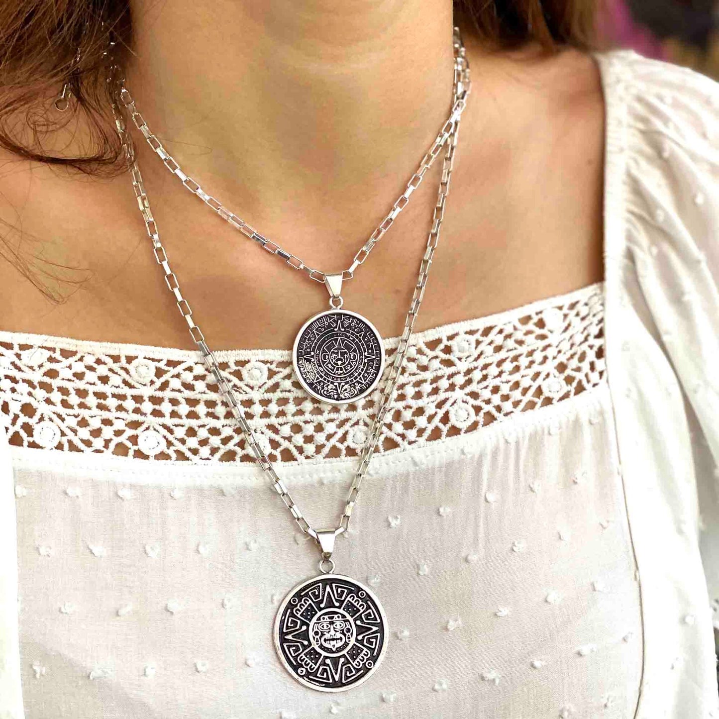 Alpaca Silver Aztec Calendar Pendant with 16" Chain