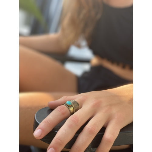 Turquoise Stone & Recycled Brass Ring- Adjustable Size