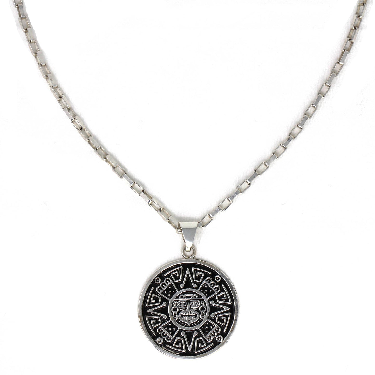 Alpaca Silver Aztec Face Pendant with 16" Chain