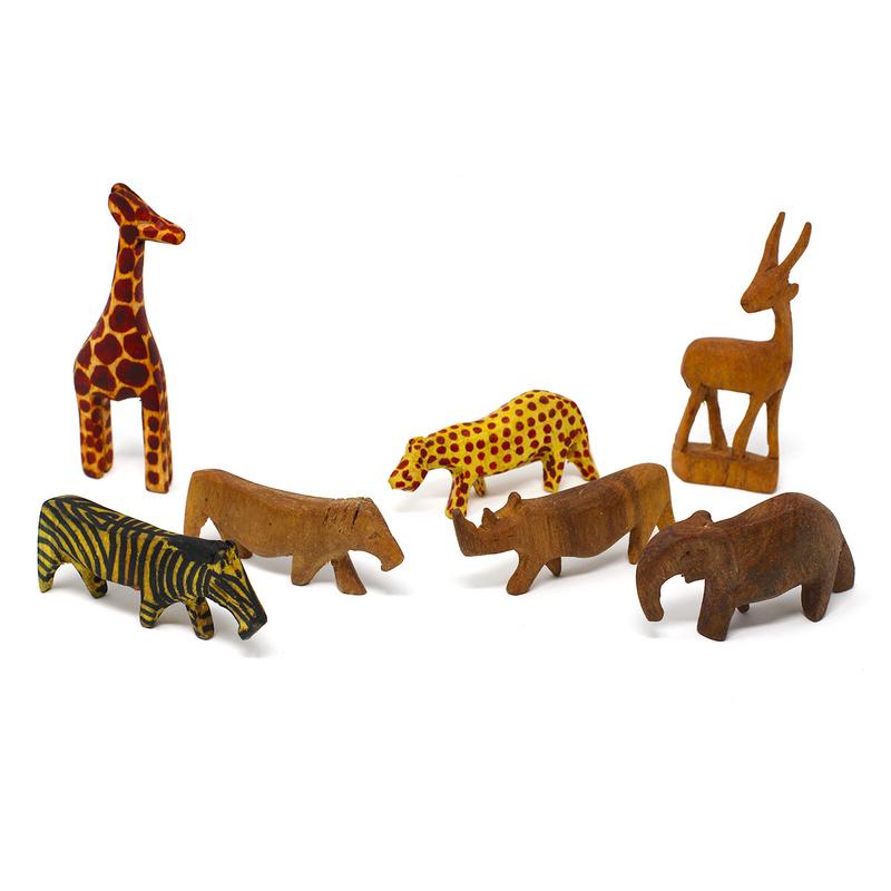 Hand-carved Miniature Wood Safari Animals- Set of 7 -Muhugu Wood-Fair Trade