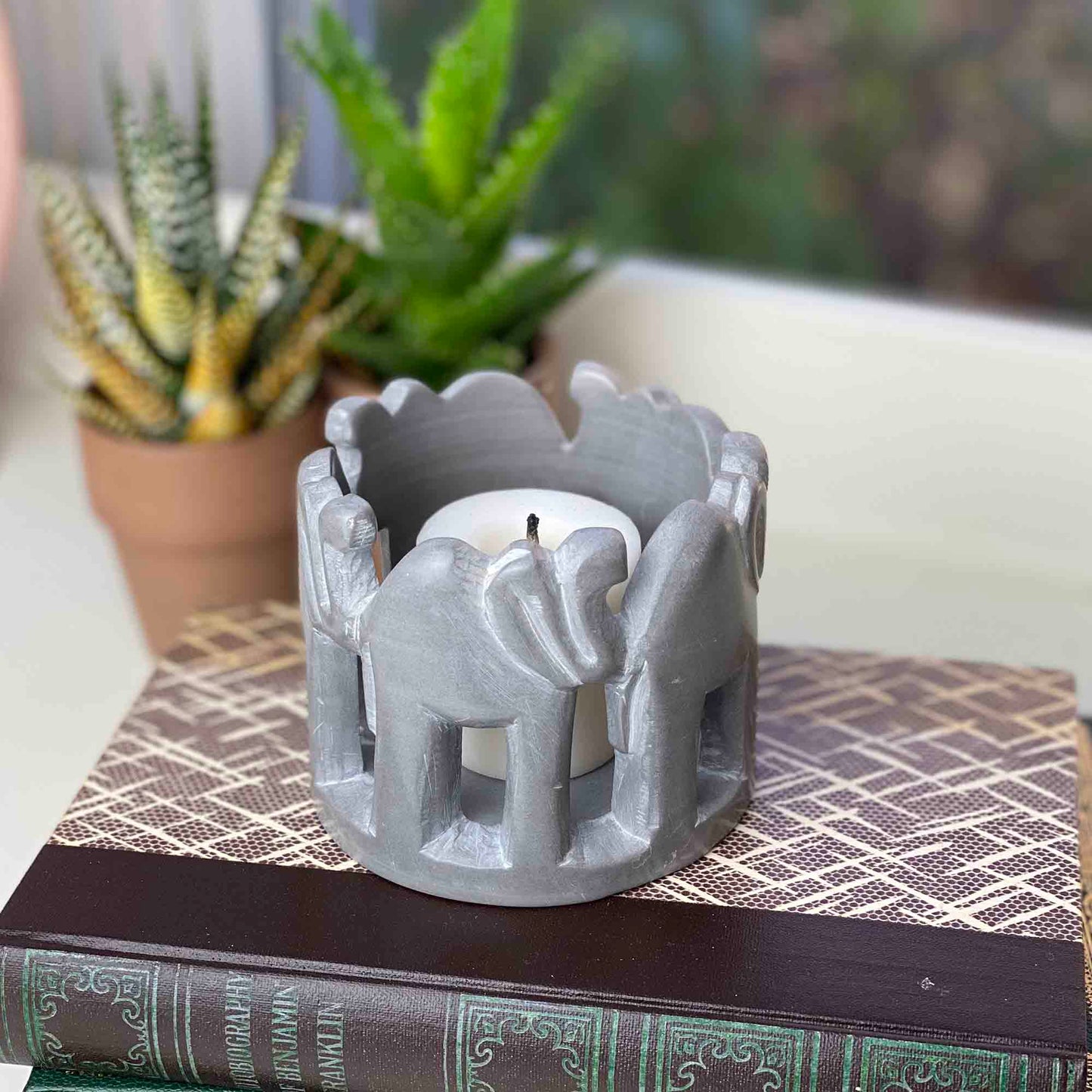 Circle of Elephants Hand-Carve Soapstone Sculpture 3 to 3.5-inch - Dark Stone