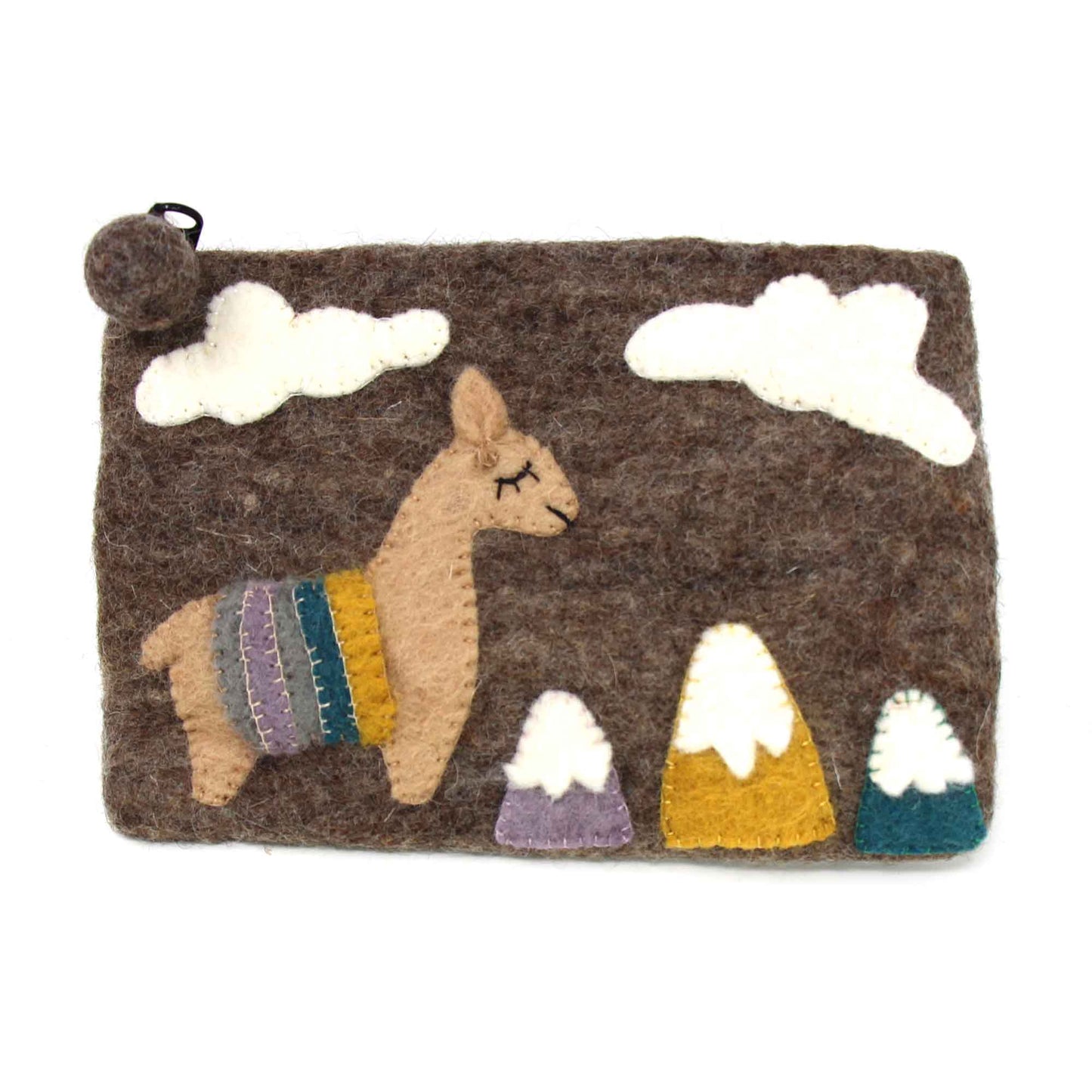 Hand Crafted Felt Bag-Zippered Pouch- Llama-Brown