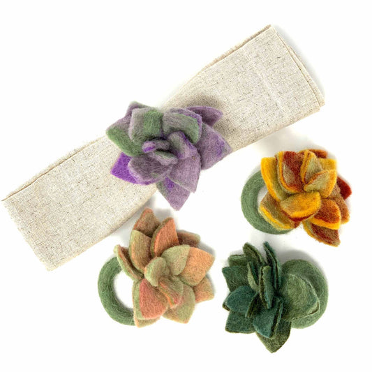 Hand-felted Succulent Napkin Rings, Set of Four Colors -Fair Trade- Global Groove