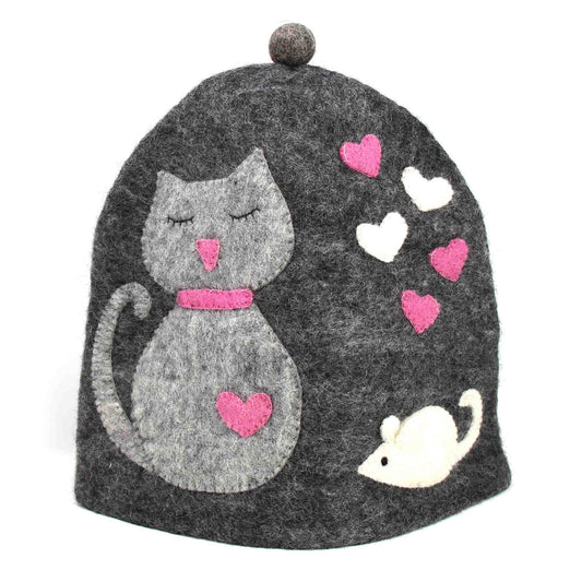 Hand Crafted Felt Tea Cozy - Cat and Mouse -100% New Zealand Wool-Sustainably Sourced