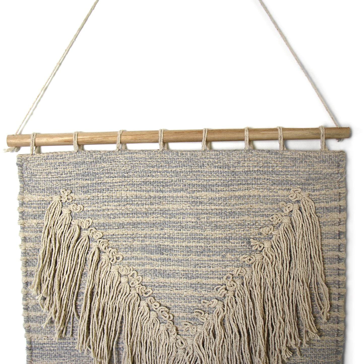 Handwoven Boho Wall Hanging - Blue Grey with Cream Fringe-Fair Trade-Panipat