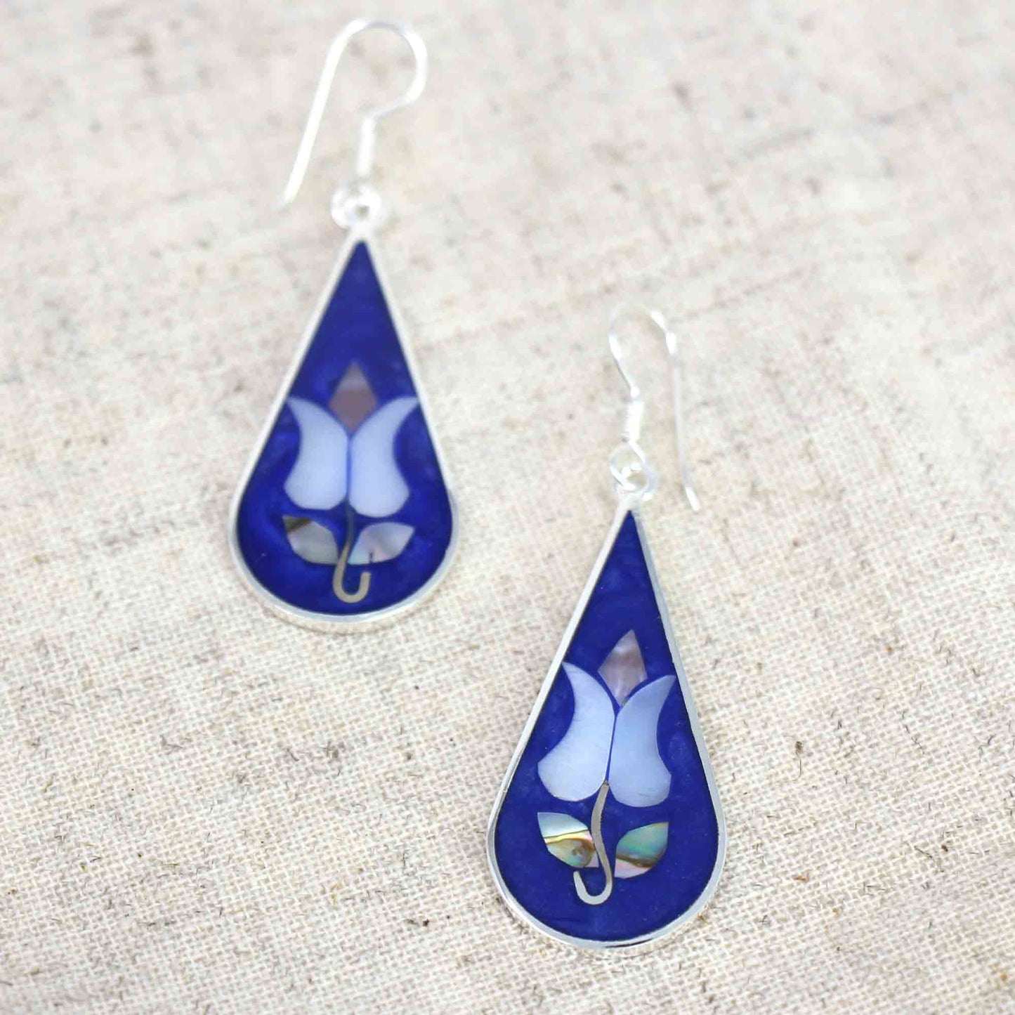 Handmade Alpaca Silver & Abalone Teardrop Earrings- Blue Tulips