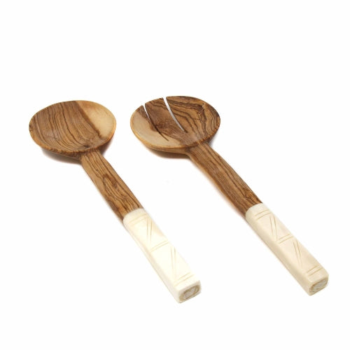 Olive Wood Salad Servers with White Square Etched Bone Handles