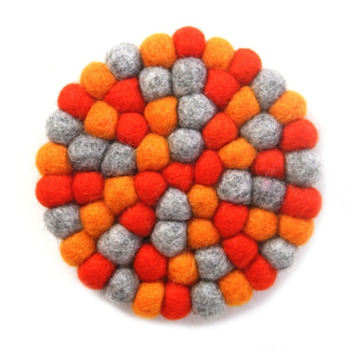 Hand Crafted Felt Ball Trivets from Nepal: Round Chakra, Oranges - Global Groove