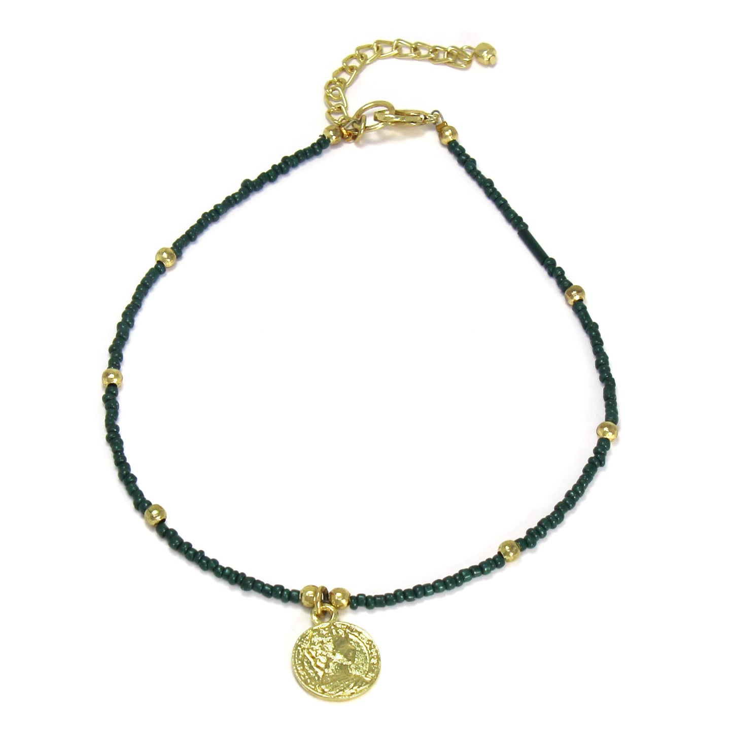 Dark Green Glass Bead Choker with Brass Coin Pendant- Fair Trade