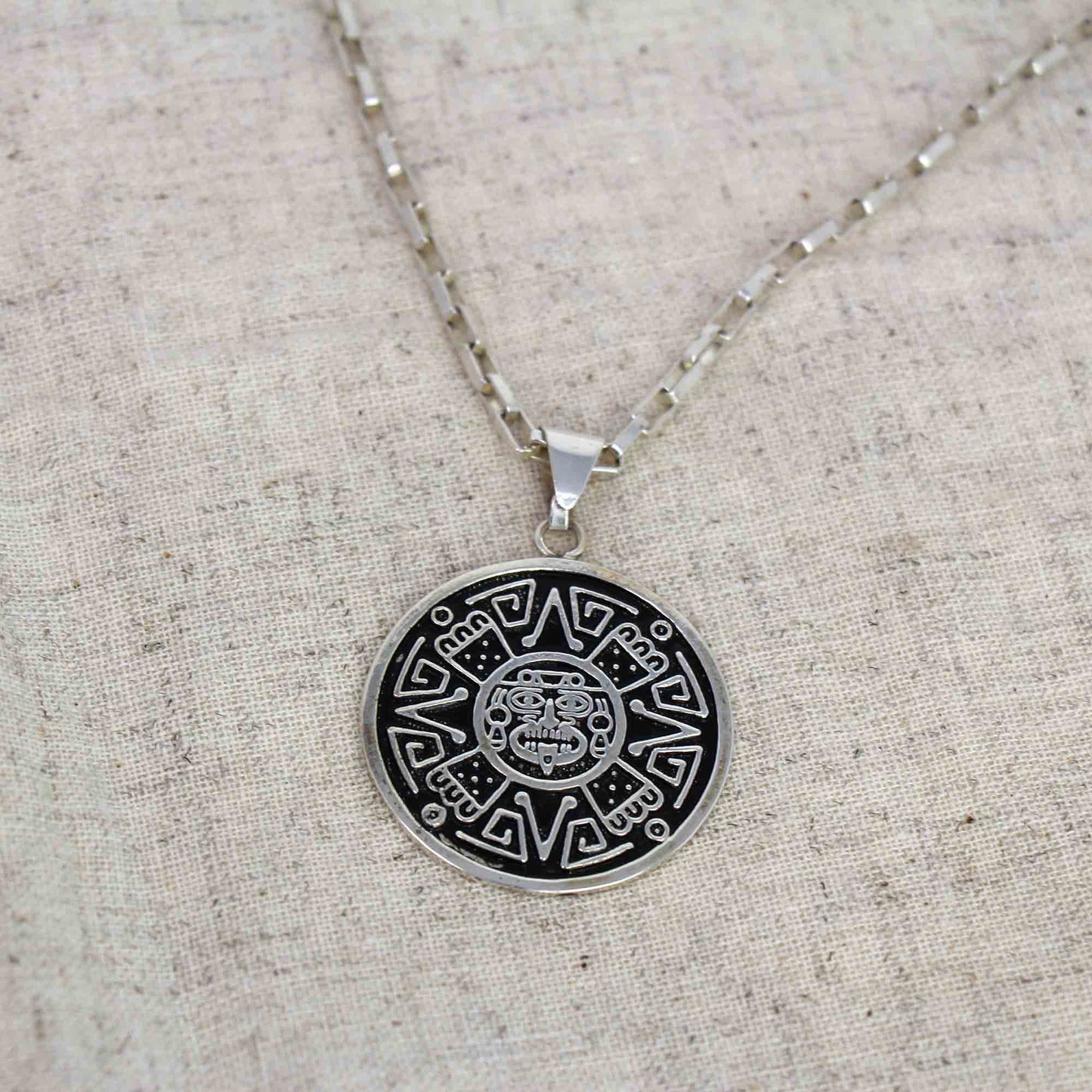 Alpaca Silver Aztec Face Pendant with 16" Chain