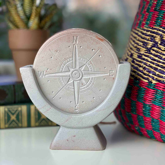 Compass Soapstone Sculpture- Light Gray Stone - Fair Trade-Kenya