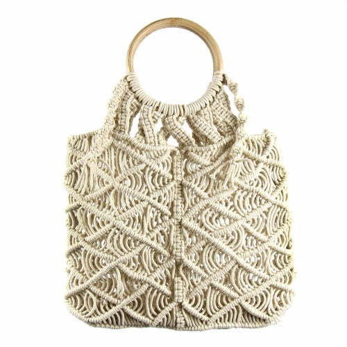 Hand-Crafted Macrame Tote Bag with Wooden Handle-Beige-Beaurer Creations-Fair Trade