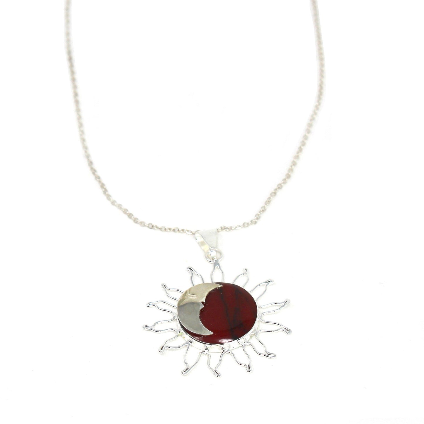 Red Jasper Moon and Silver Sun Pendant with Silver Chain- Fair Trade-Mexico