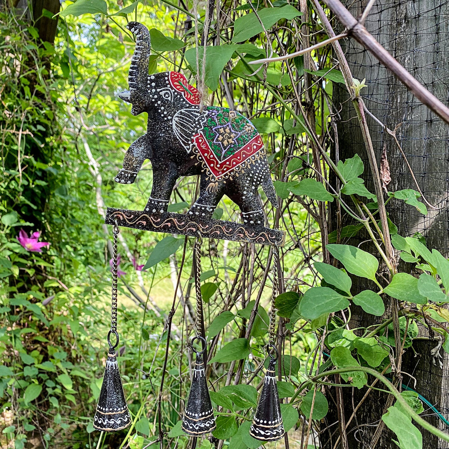 Hand-Painted Embossed Elephant Wind Chimes Made from Recycled Iron