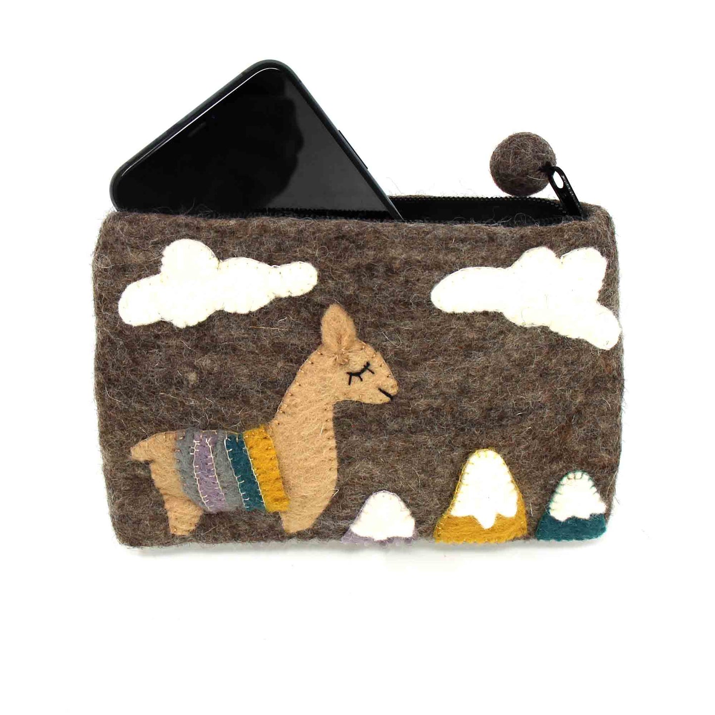 Hand Crafted Felt Bag-Zippered Pouch- Llama-Brown