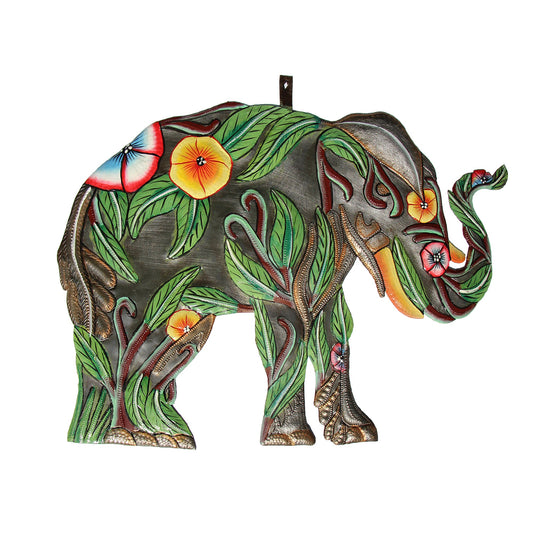 Hand-Painted Hibiscus Elephant-Haitian Metal Drum Art - Fair Trade