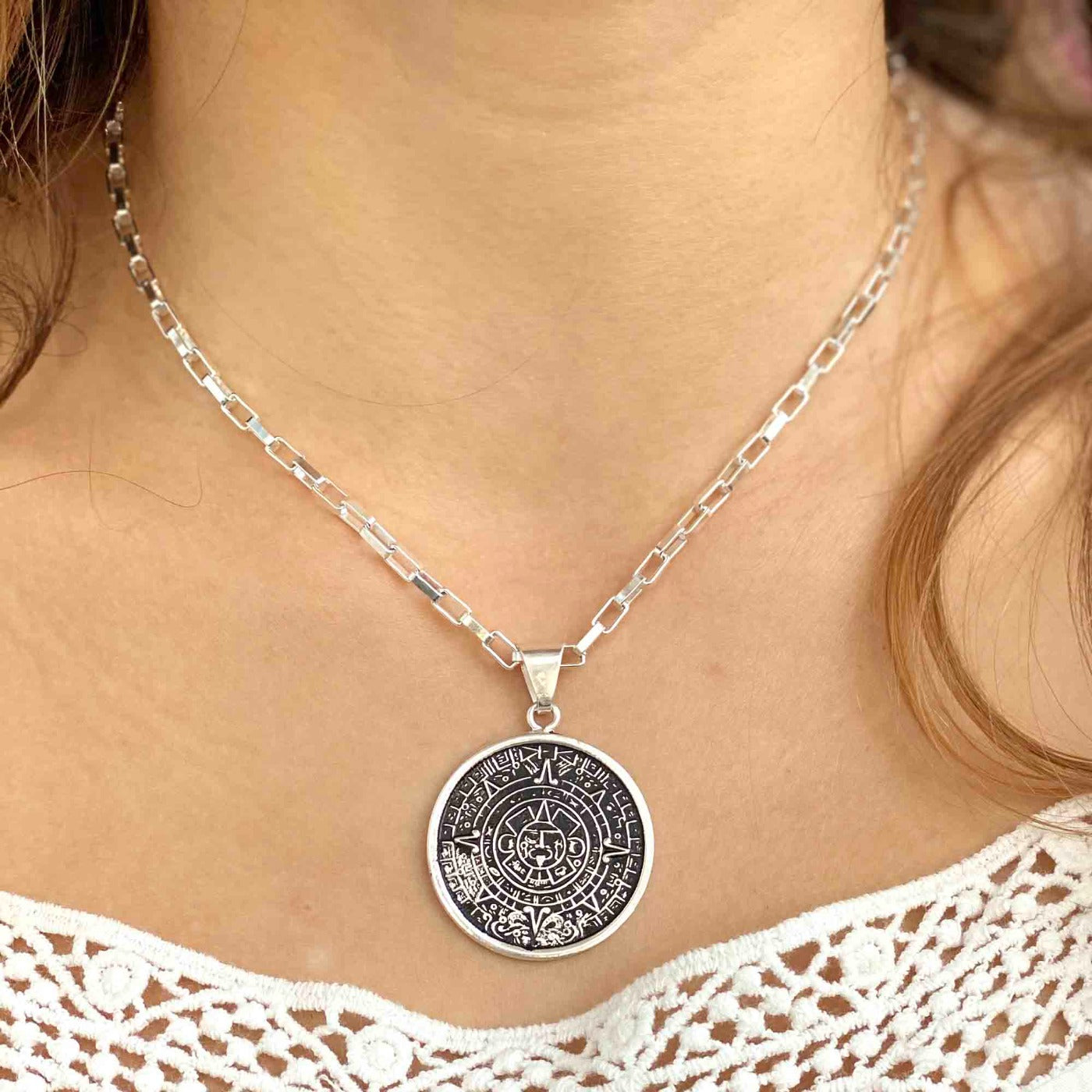 Alpaca Silver Aztec Calendar Pendant with 16" Chain