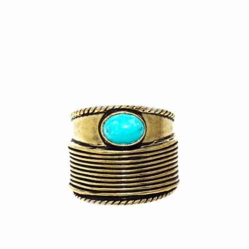 Turquoise Stone & Recycled Brass Ring- Adjustable Size