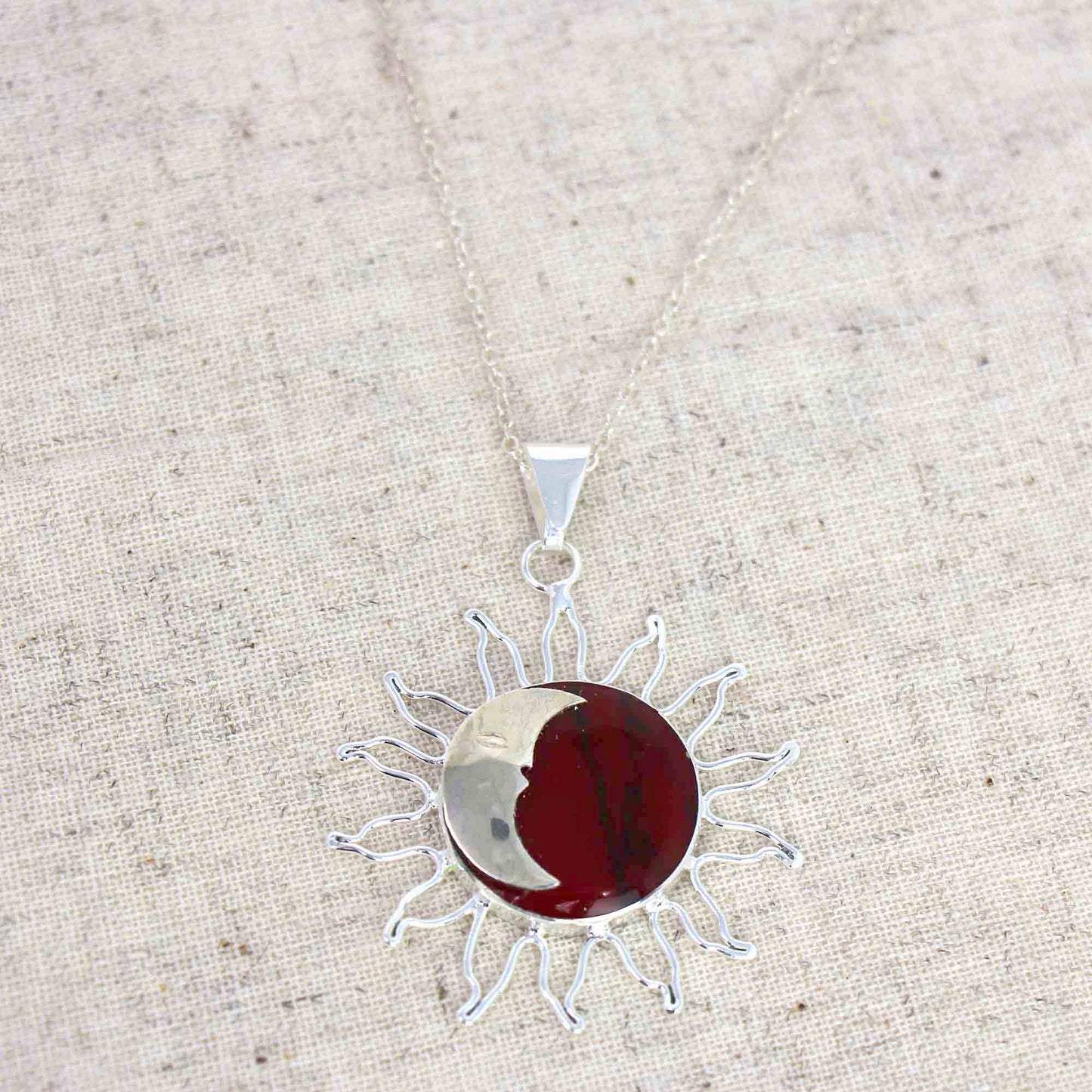 Red Jasper Moon and Silver Sun Pendant with Silver Chain- Fair Trade-Mexico