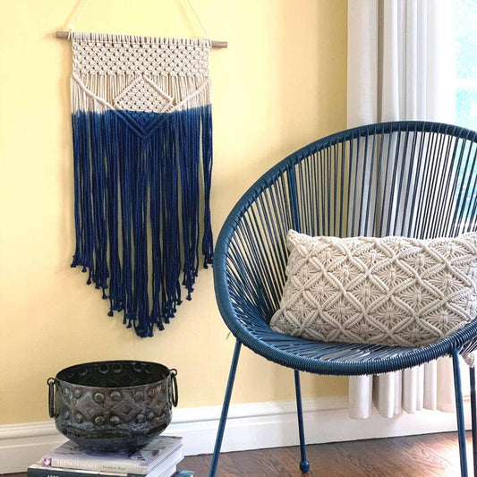 Hand-Woven Macrame Boho Wall Hanging in Blue