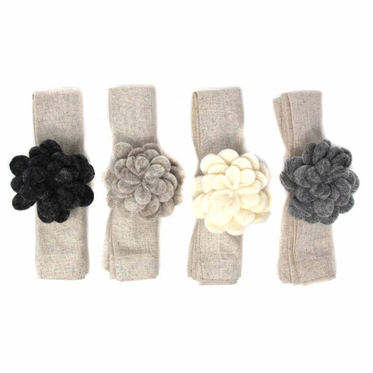 Set of 4 Napkin Rings-Hand Crafted Felt: Assorted Neutral Color Zinnias-