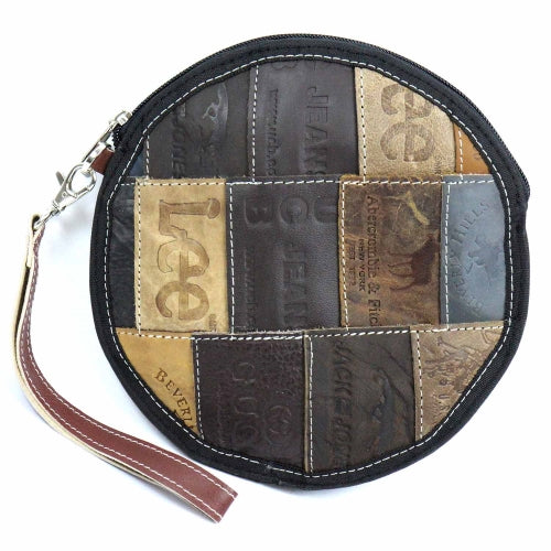 Upcycled Leather Jean Patch Round Wristlet