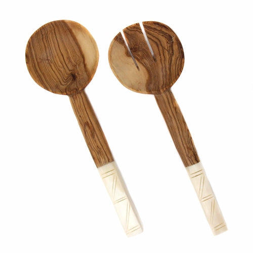 Olive Wood Salad Servers with White Square Etched Bone Handles