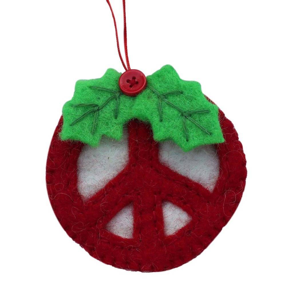 Hand-Felted Red Peace Sign Ornament - Global Groove