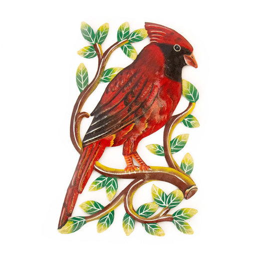 Cardinal on Branch-Hand- Painted Haitian Steel Drum Wall Art