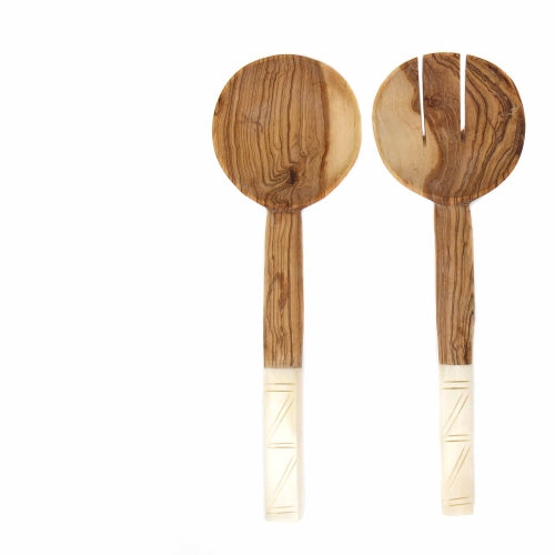 Olive Wood Salad Servers with White Square Etched Bone Handles