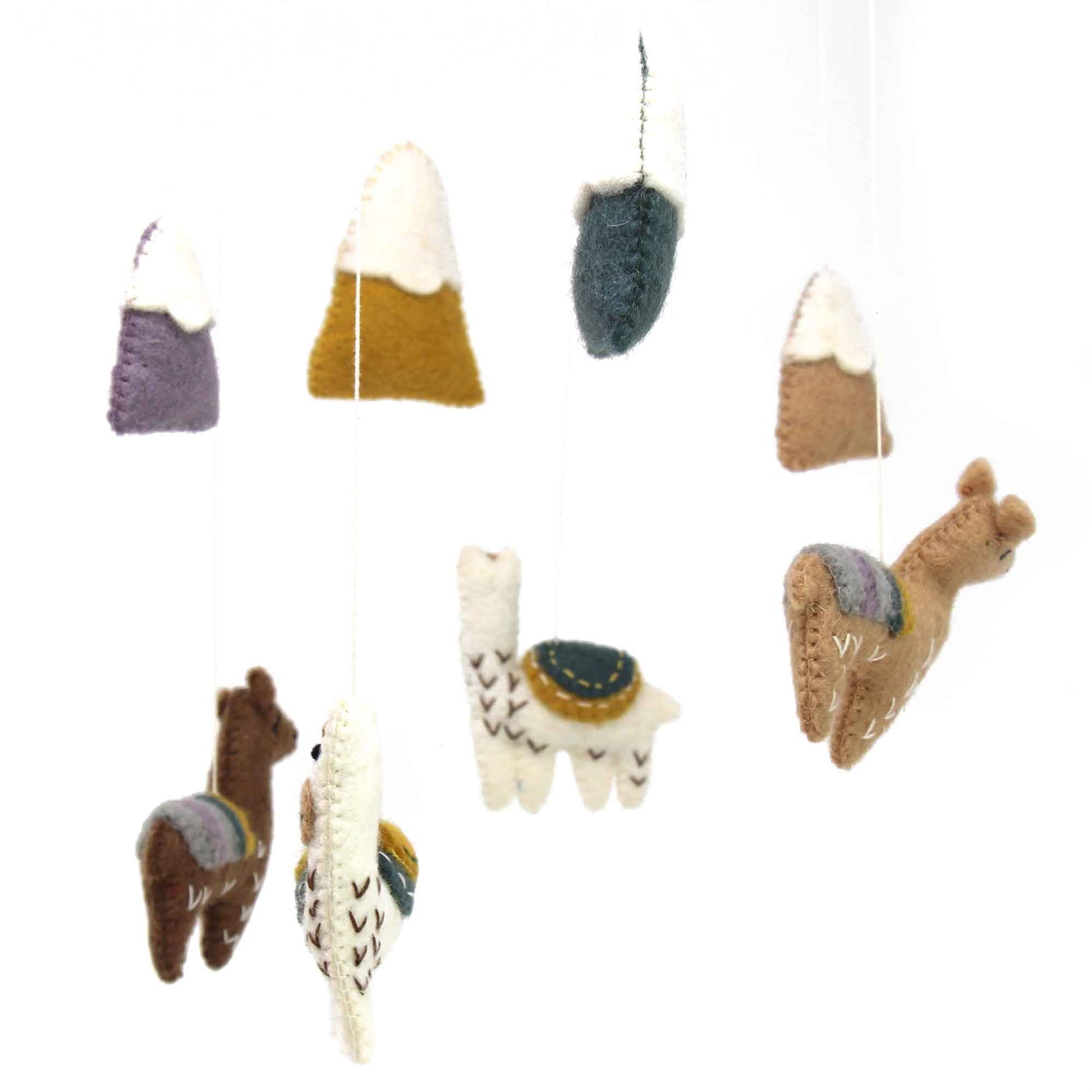 handmade baby mobile, four felt baby llamas and four felt snow capped mountains hanging from a bamboo hoop, fair trade, made by female artists in Nepal.