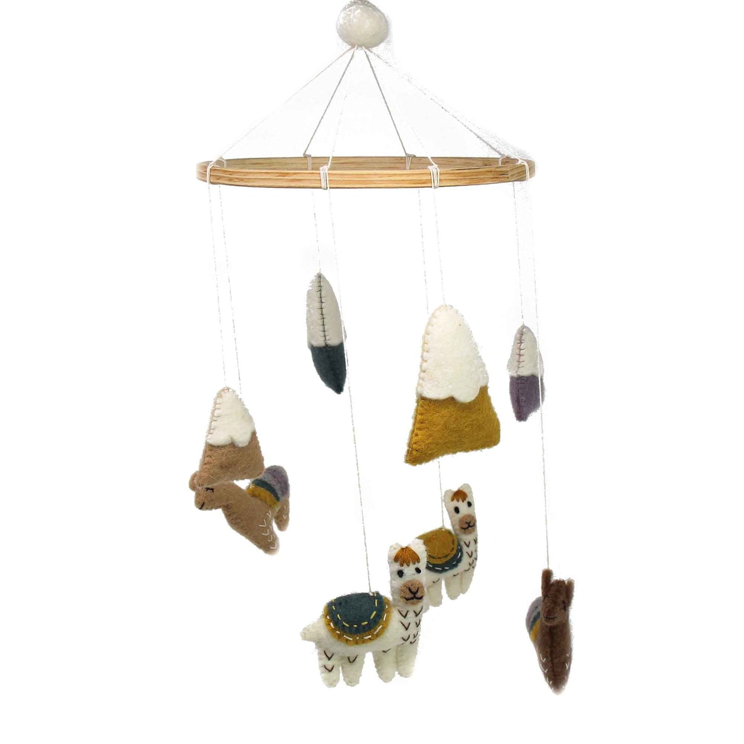 handmade baby mobile features four baby llamas and 4 snow capped mountains hanging from a bamboo hoop. Fair trade mobile made in Nepal by female artisans.