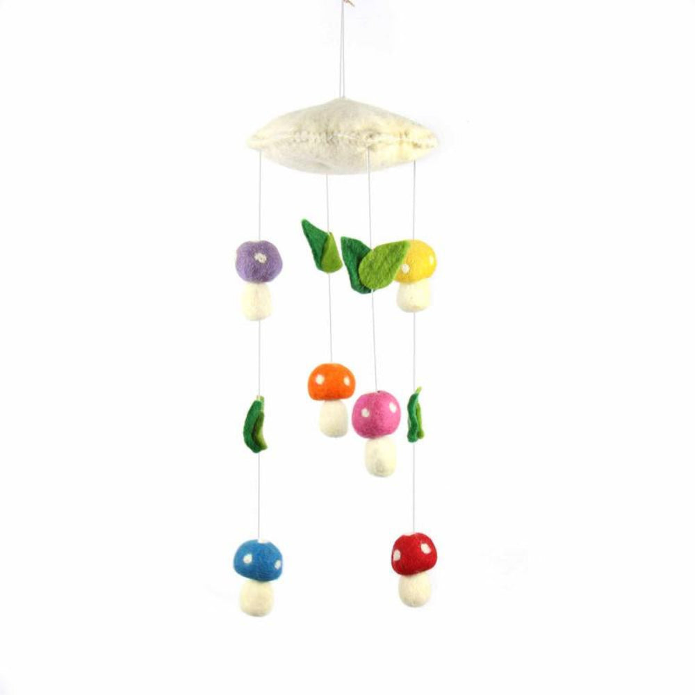 handmade felt mushroom mobile featuring colorful mushrooms and green leaves. For baby or childs room, created using 100 percent recycled New Zealand wool by fair trade artisans in Nepal. 