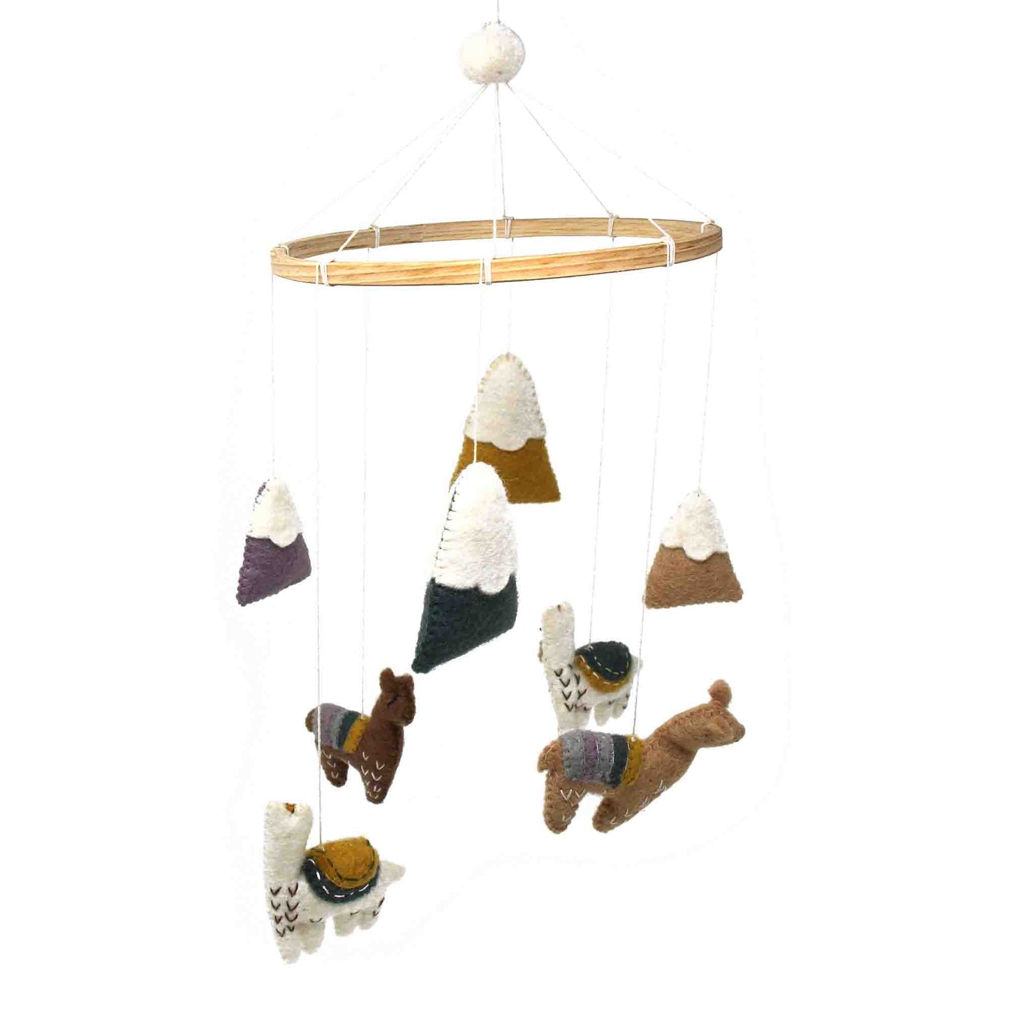 recycled new zealand wool baby mobile featuring baby llamas and snow capped mountains hanging from a bamboo hoop.